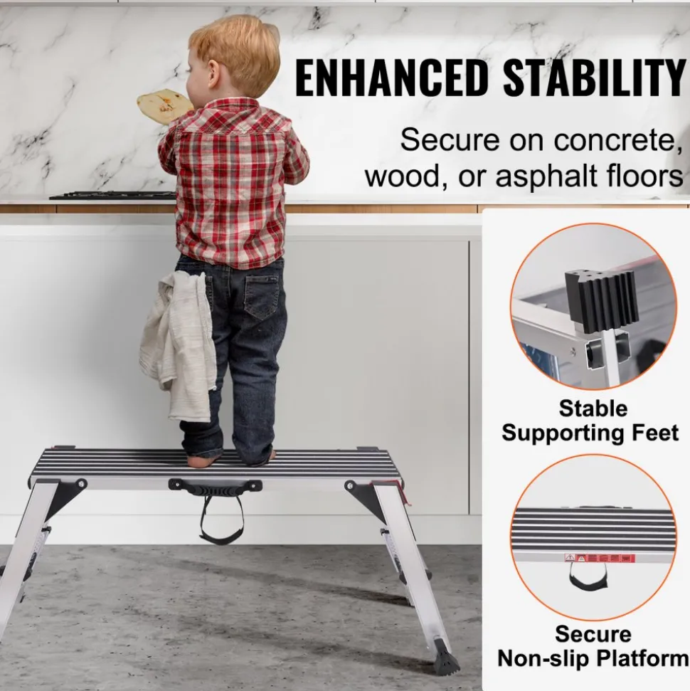 VEVOR Folding Work Platform, 660 lbs Load Capacity, Aluminum Drywall Stool Ladder, Heavy Duty Work Bench w/ Non-Slip Feet, Ideal for Washing Vehicles, Cleaning, Painting, Decorating