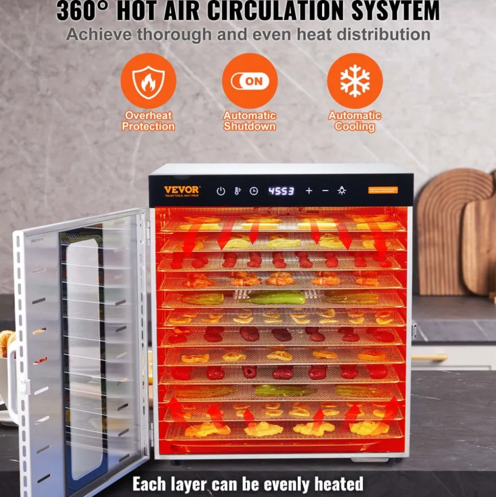 VEVOR Food Dehydrator Machine, 10 Stainless Steel Trays, 1000W Electric Food Dryer with Digital Adjustable Timer & Temperature for Jerky, Herb, Meat, Beef, Fruit, Dog Treats and Vegetables