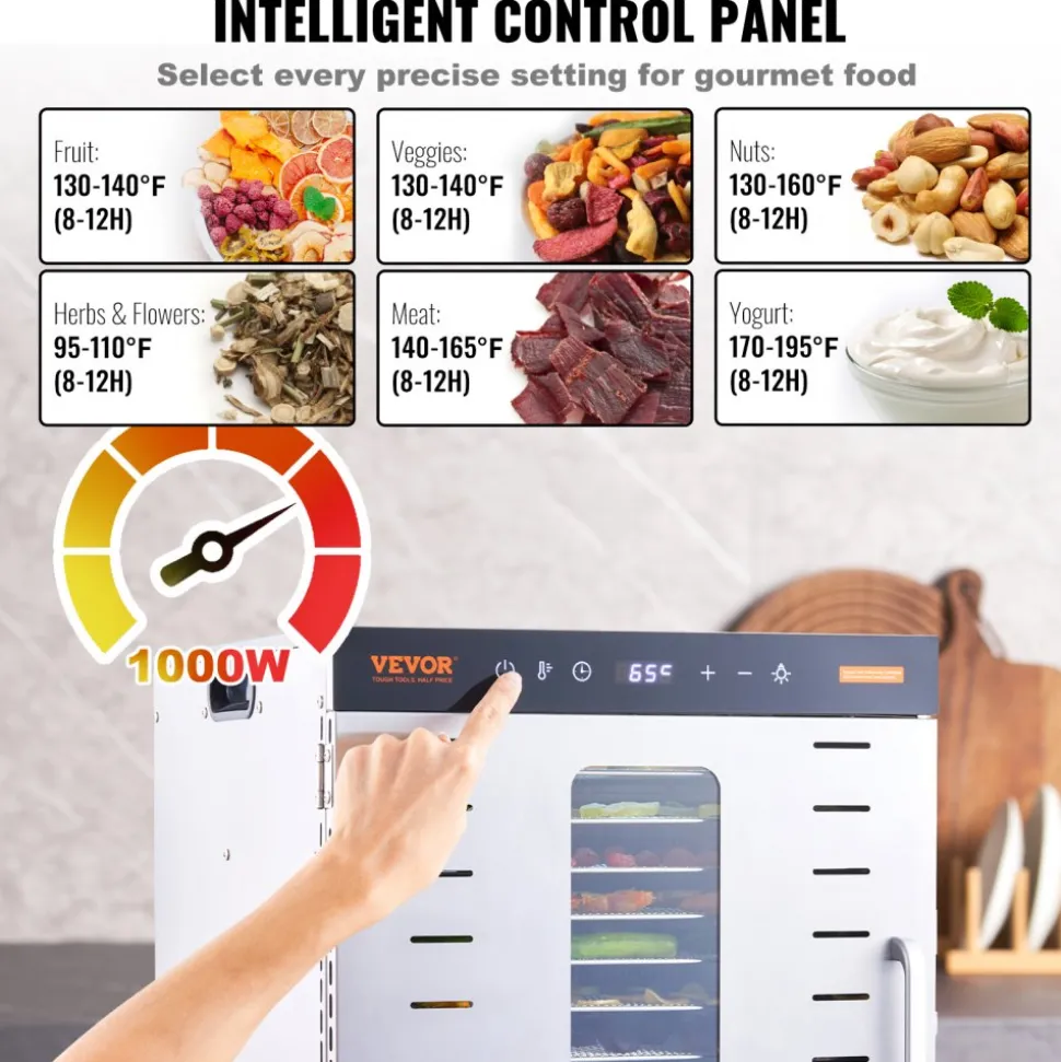 VEVOR Food Dehydrator Machine, 10 Stainless Steel Trays, 1000W Electric Food Dryer with Digital Adjustable Timer & Temperature for Jerky, Herb, Meat, Beef, Fruit, Dog Treats and Vegetables