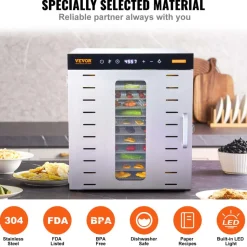 VEVOR Food Dehydrator Machine, 10 Stainless Steel Trays, 1000W Electric Food Dryer with Digital Adjustable Timer & Temperature for Jerky, Herb, Meat, Beef, Fruit, Dog Treats and Vegetables