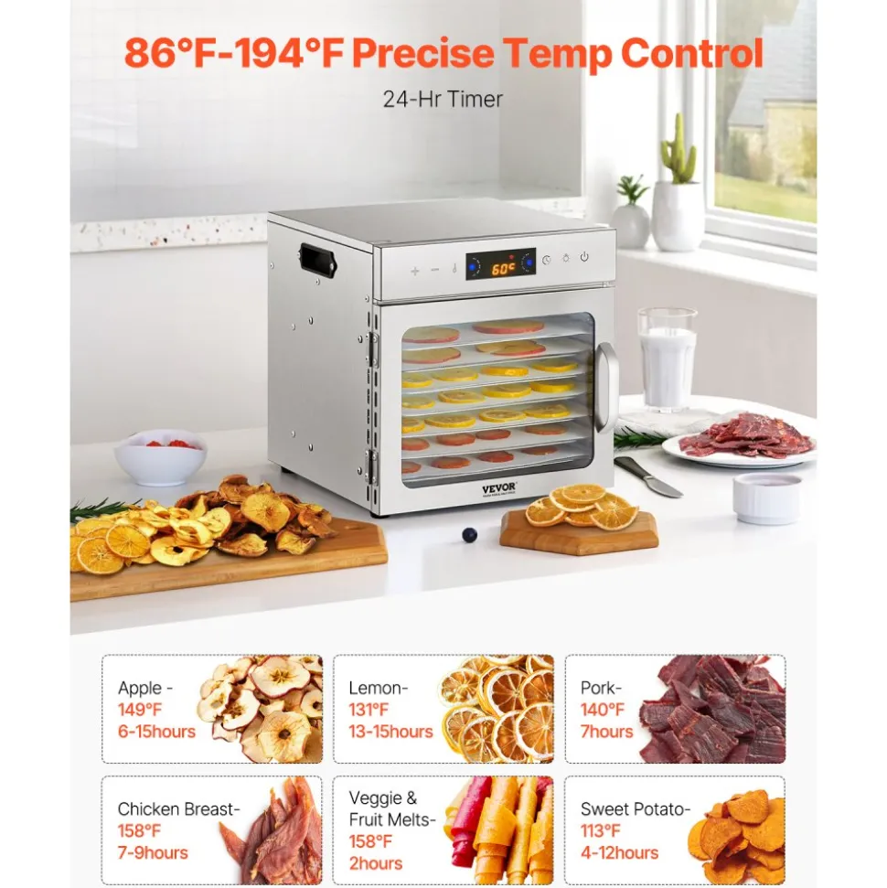 VEVOR Food Dehydrator Machine, 8 Stainless Steel Trays, 400W Electric Food Dryer with Adjustable Temperature & 24-Hour Timer, Heated Dryer for Jerky, Meat, Fruit, Vegetables, Herbs, Dog Treats