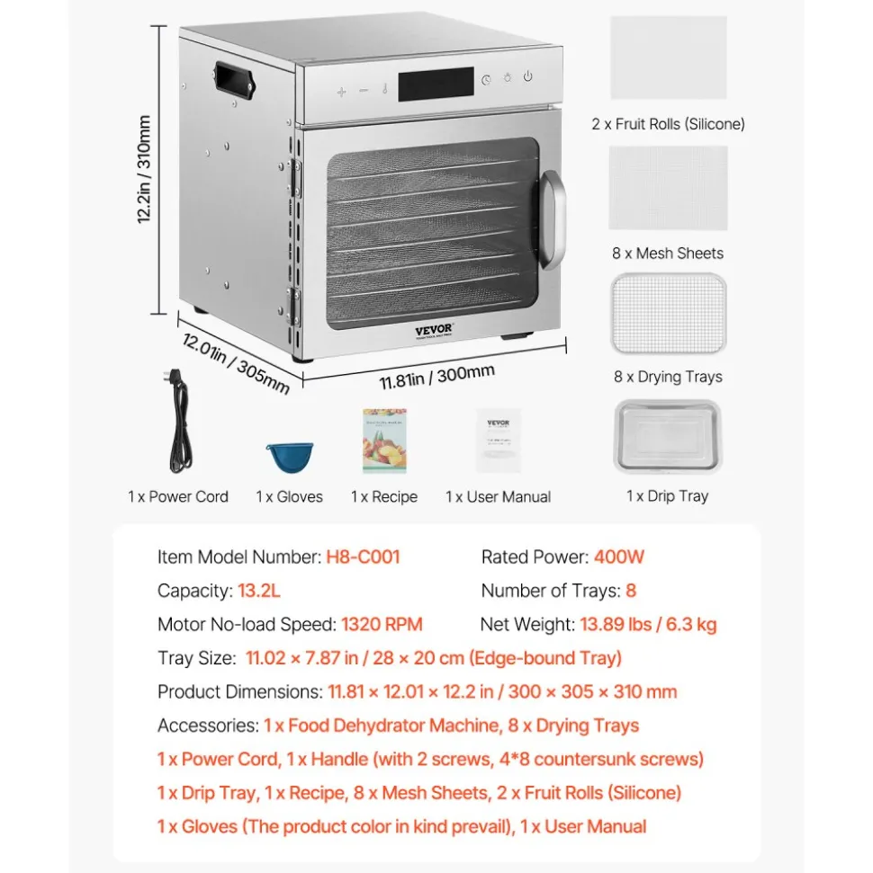 VEVOR Food Dehydrator Machine, 8 Stainless Steel Trays, 400W Electric Food Dryer with Adjustable Temperature & 24-Hour Timer, Heated Dryer for Jerky, Meat, Fruit, Vegetables, Herbs, Dog Treats