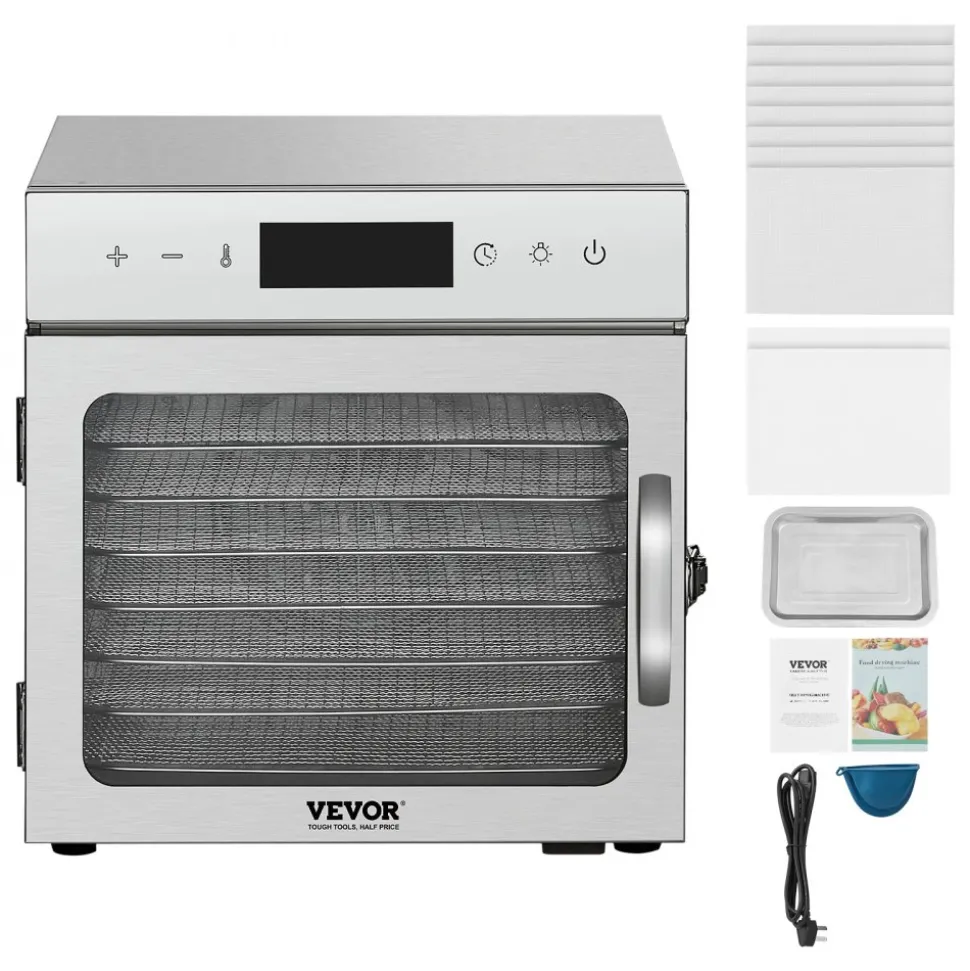 VEVOR Food Dehydrator Machine, 8 Stainless Steel Trays, 400W Electric Food Dryer with Adjustable Temperature & 24-Hour Timer, Heated Dryer for Jerky, Meat, Fruit, Vegetables, Herbs, Dog Treats