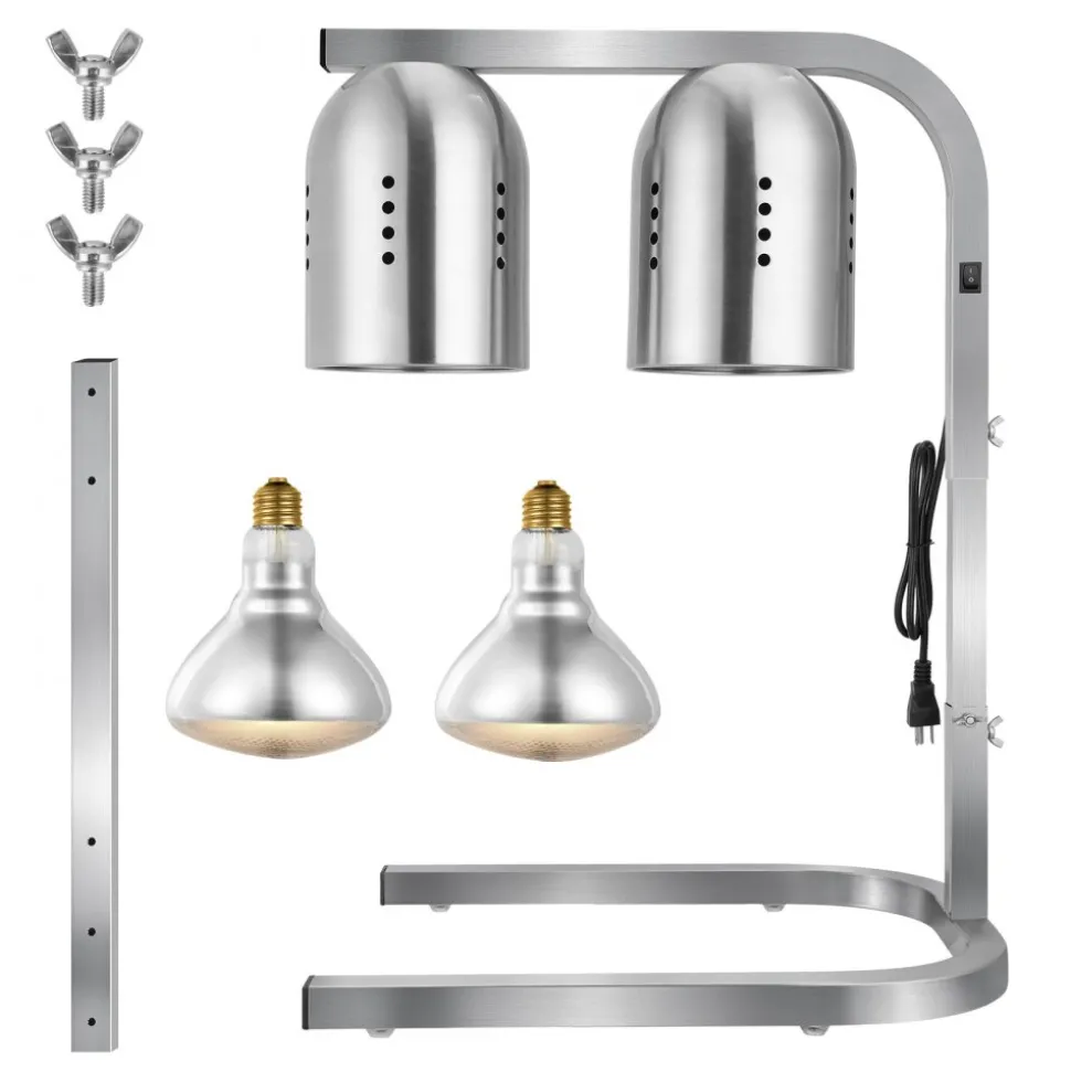 VEVOR Food Heat Lamp, 500W Bulbs, Commercial Food Warmer Light, Electric Stainless Steel French Fry Heating Lamp, Free-standing, Catering Food Warming Equipment for Kitchen Buffet Restaurant, Silver