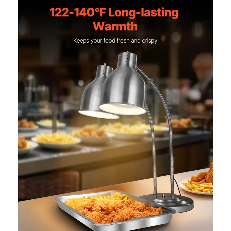 VEVOR Food Heat Lamp, 500W Electric Commercial Food Warmer Light, 2-Head Stainless Steel French Fry Heating Lamp with 3 Bulbs, Catering Food Warming Equipment for Kitchen, Buffet, Restaurant, Silver