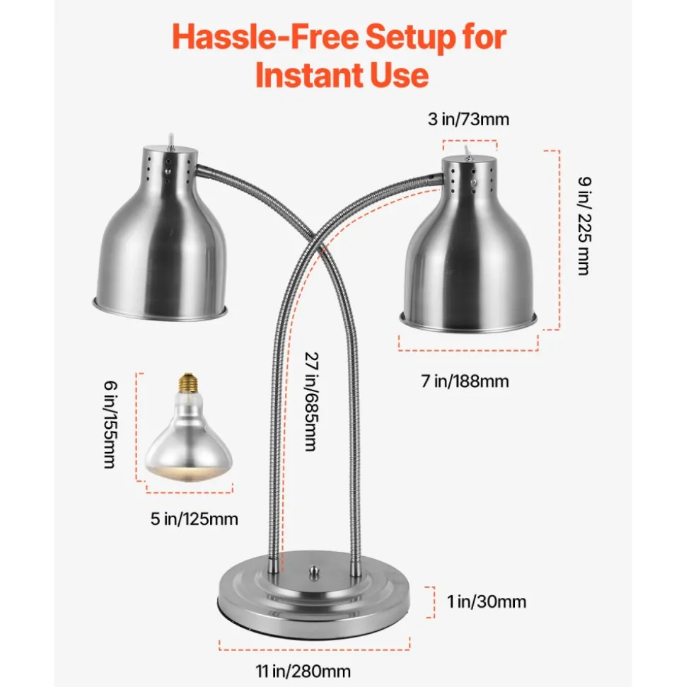 VEVOR Food Heat Lamp, 500W Electric Commercial Food Warmer Light, 2-Head Stainless Steel French Fry Heating Lamp with 3 Bulbs, Catering Food Warming Equipment for Kitchen, Buffet, Restaurant, Silver