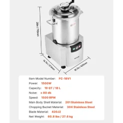 VEVOR Food Processor & Vegetable Chopper, 19 Quart Food-Grade Stainless Steel Food Processor Chopper with S-Curve Blade and Scraper, Ideal for Chopping Vegetables, Fruit, Grains, Nuts
