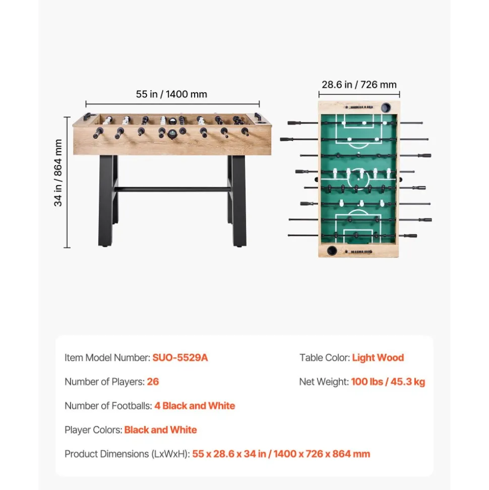 VEVOR Foosball Table, 55 inch Standard Size Table, Indoor Full Size Foosball Tables for Home, Family, and Game Room, Durable Soccer Set, Includes 4 Balls, Score Keeper, and 2 Cup Holders