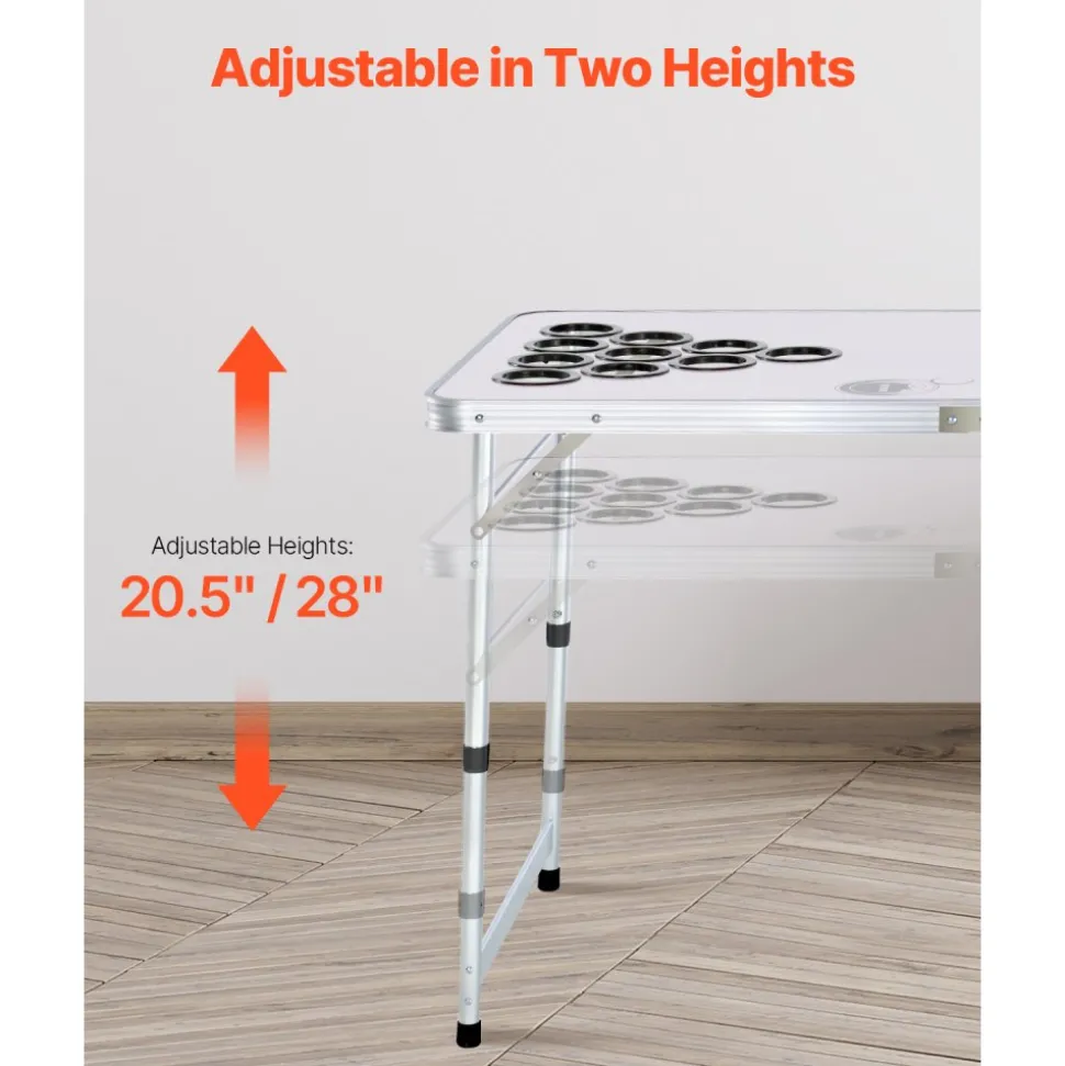 VEVOR 8 Foot Portable Beer Pong Table, Folding Tailgate Table, Cup Holes, Dry Erase Markers and Carrying Handles, Adjustable Height, Lightweight Table for Office, Tailgate Party & Camping, White