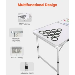 VEVOR 8 Foot Portable Beer Pong Table, Folding Tailgate Table, Cup Holes, Dry Erase Markers and Carrying Handles, Adjustable Height, Lightweight Table for Office, Tailgate Party & Camping, White