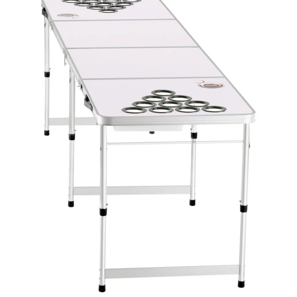 VEVOR 8 Foot Portable Beer Pong Table, Folding Tailgate Table, Cup Holes, Dry Erase Markers and Carrying Handles, Adjustable Height, Lightweight Table for Office, Tailgate Party & Camping, White