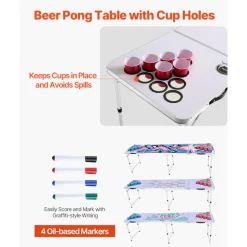 VEVOR 8 Foot Portable Beer Pong Table, Folding Tailgate Table, Cup Holes, Dry Erase Markers and Carrying Handles, Adjustable Height, Lightweight Table for Office, Tailgate Party & Camping, White