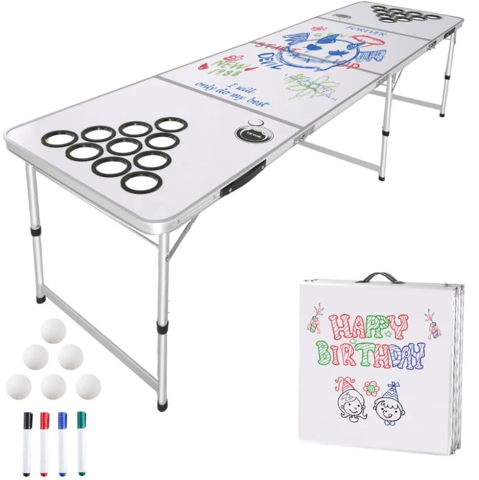 VEVOR 8 Foot Portable Beer Pong Table, Folding Tailgate Table, Cup Holes, Dry Erase Markers and Carrying Handles, Adjustable Height, Lightweight Table for Office, Tailgate Party & Camping, White