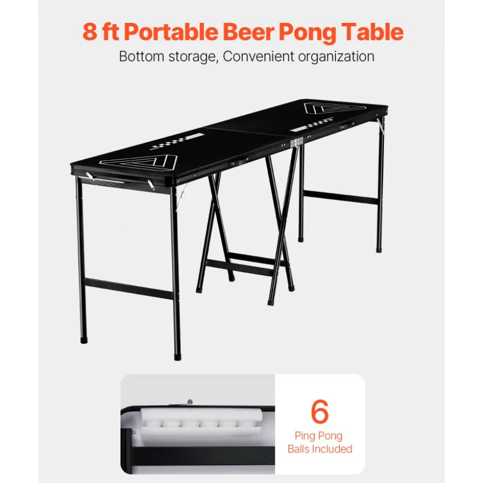 VEVOR 8 Foot Portable Beer Pong Table, Foldable 36 inch Heightened Table, Carrying Handles and 6 Pong Balls, Lightweight Tailgate Table for Office, Tailgate Party, Travel & Camping, Black