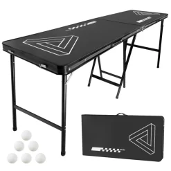 VEVOR 8 Foot Portable Beer Pong Table, Foldable 36 inch Heightened Table, Carrying Handles and 6 Pong Balls, Lightweight Tailgate Table for Office, Tailgate Party, Travel & Camping, Black