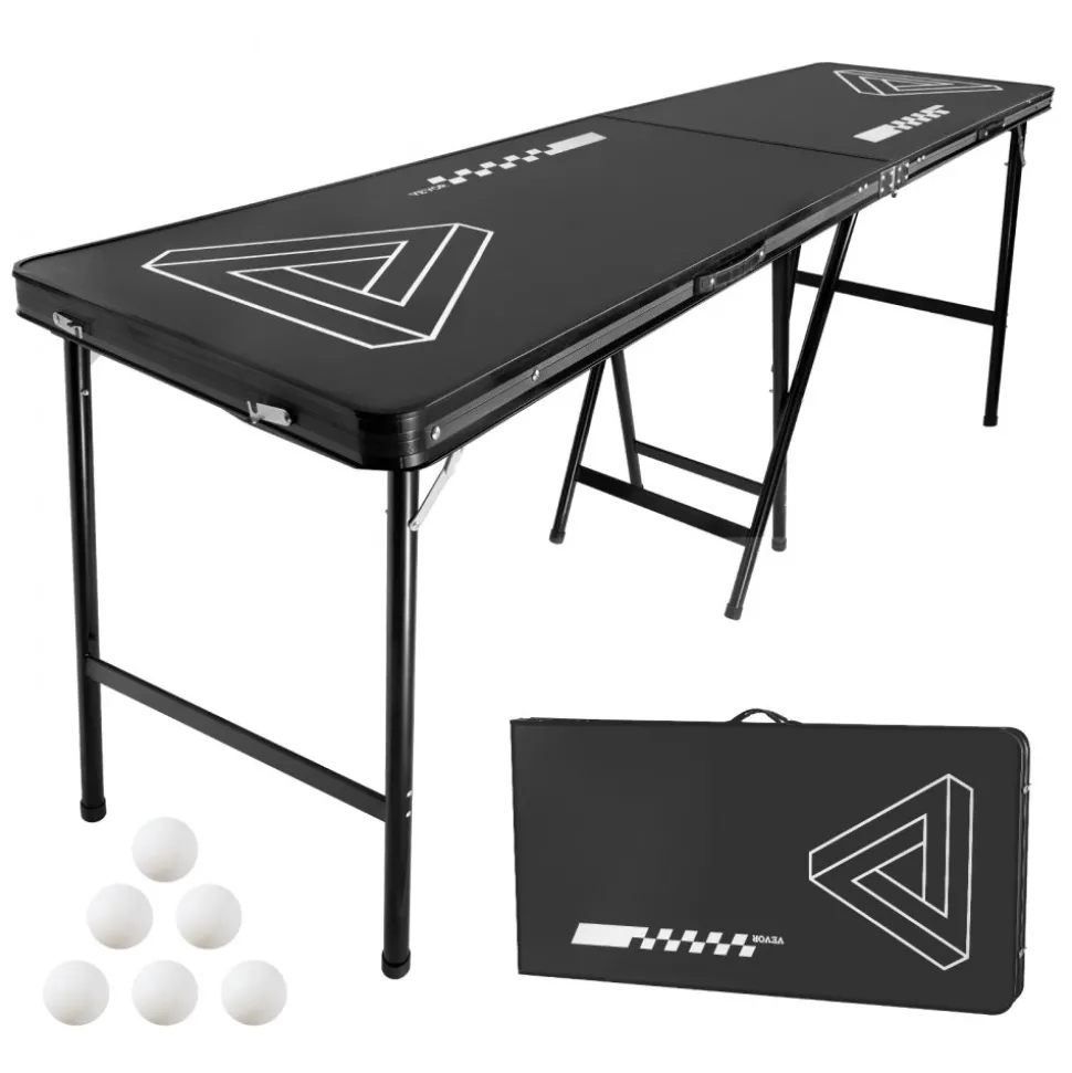 VEVOR 8 Foot Portable Beer Pong Table, Foldable 36 inch Heightened Table, Carrying Handles and 6 Pong Balls, Lightweight Tailgate Table for Office, Tailgate Party, Travel & Camping, Black