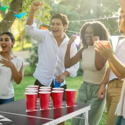 VEVOR 8 Foot Portable Beer Pong Table, Foldable Tailgate Table,Carrying Handles and 6 Pong Balls, Adjustable Height, Lightweight Table for Office, Tailgate Party, Travel and Camping, Black
