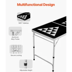 VEVOR 8 Foot Portable Beer Pong Table, Foldable Tailgate Table,Carrying Handles and 6 Pong Balls, Adjustable Height, Lightweight Table for Office, Tailgate Party, Travel and Camping, Black