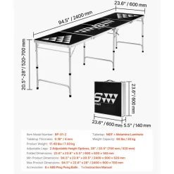 VEVOR 8 Foot Portable Beer Pong Table, Foldable Tailgate Table,Carrying Handles and 6 Pong Balls, Adjustable Height, Lightweight Table for Office, Tailgate Party, Travel and Camping, Black