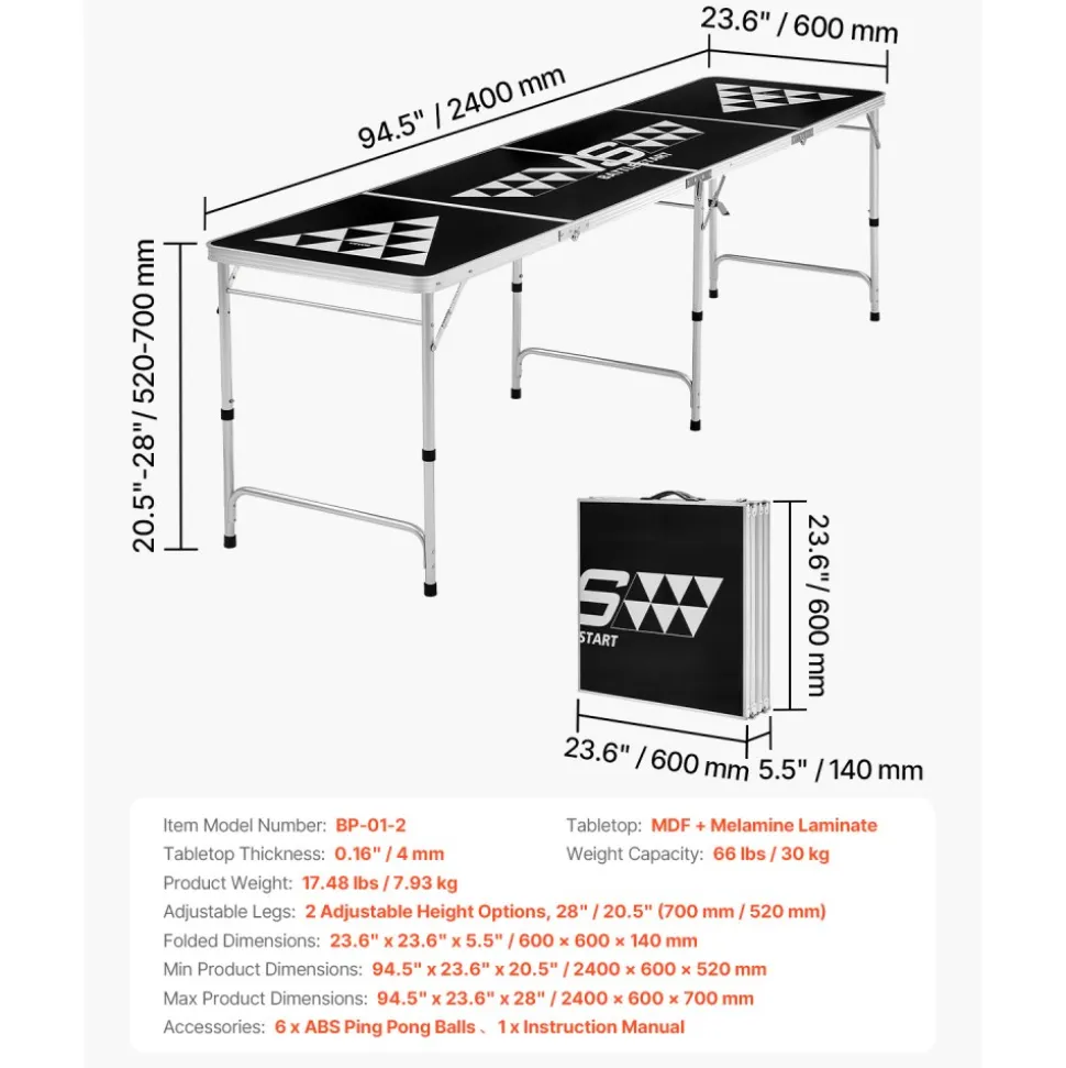 VEVOR 8 Foot Portable Beer Pong Table, Foldable Tailgate Table,Carrying Handles and 6 Pong Balls, Adjustable Height, Lightweight Table for Office, Tailgate Party, Travel and Camping, Black