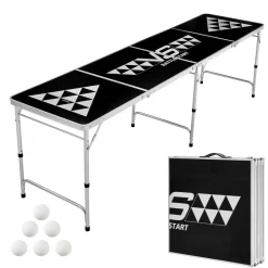 VEVOR 8 Foot Portable Beer Pong Table, Foldable Tailgate Table,Carrying Handles and 6 Pong Balls, Adjustable Height, Lightweight Table for Office, Tailgate Party, Travel and Camping, Black