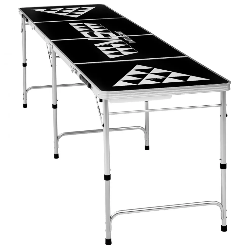 VEVOR 8 Foot Portable Beer Pong Table, Foldable Tailgate Table,Carrying Handles and 6 Pong Balls, Adjustable Height, Lightweight Table for Office, Tailgate Party, Travel and Camping, Black