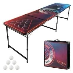 VEVOR 8 Foot Portable Beer Pong Table, LED Lights, Foldable Tailgate Table with Carrying Handles and 6 Pong Balls, Adjustable Height, Lightweight Table for Office, Tailgate Party, Travel & Camping