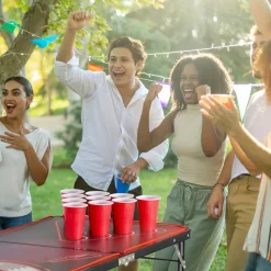 VEVOR 8 Foot Portable Beer Pong Table, LED Lights, Foldable Tailgate Table with Carrying Handles and 6 Pong Balls, Adjustable Height, Lightweight Table for Office, Tailgate Party, Travel & Camping