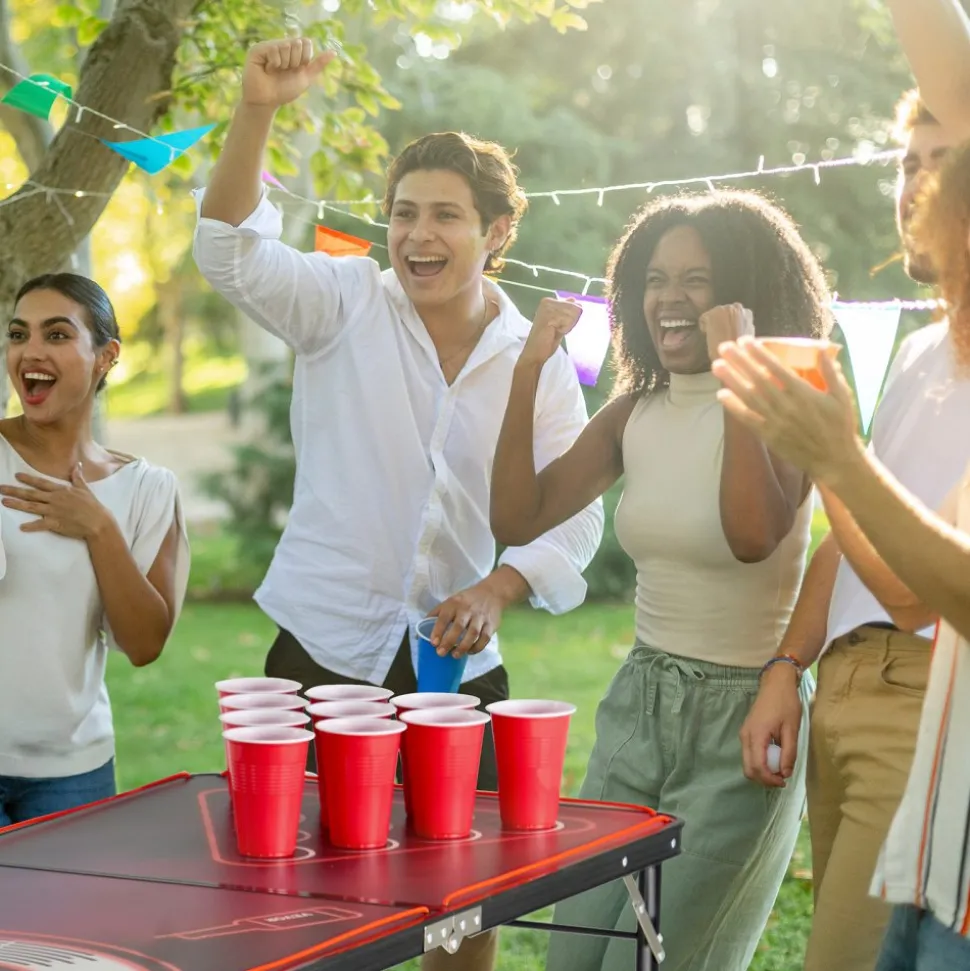 VEVOR 8 Foot Portable Beer Pong Table, LED Lights, Foldable Tailgate Table with Carrying Handles and 6 Pong Balls, Adjustable Height, Lightweight Table for Office, Tailgate Party, Travel & Camping