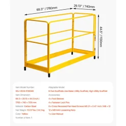 VEVOR 6 Foot Scaffolding Safety Guardrail, Rustproof Solid Carbon Steel Scaffold Guard Rail of 55.4 lbs Load Capacity, Baker Style Metal Guardrails Accessory System for Scaffolding Platform, Yellow
