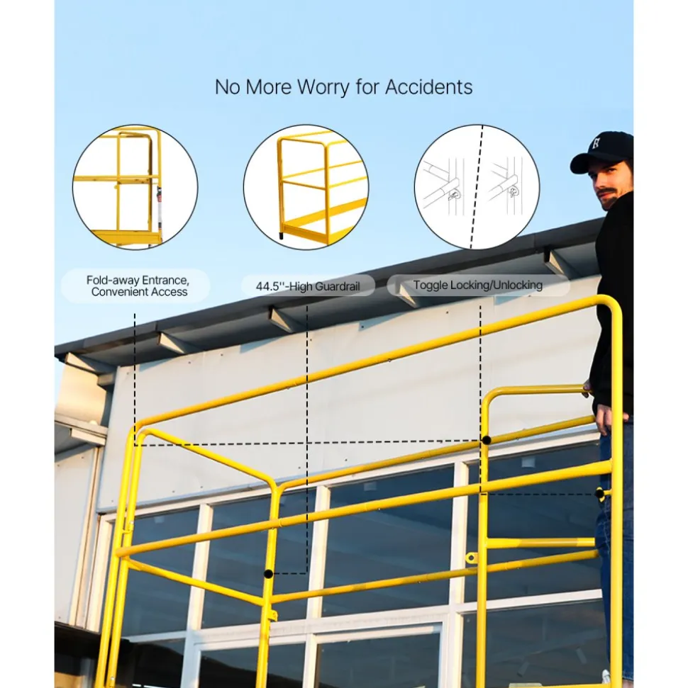 VEVOR 6 Foot Scaffolding Safety Guardrail, Rustproof Solid Carbon Steel Scaffold Guard Rail of 55.4 lbs Load Capacity, Baker Style Metal Guardrails Accessory System for Scaffolding Platform, Yellow