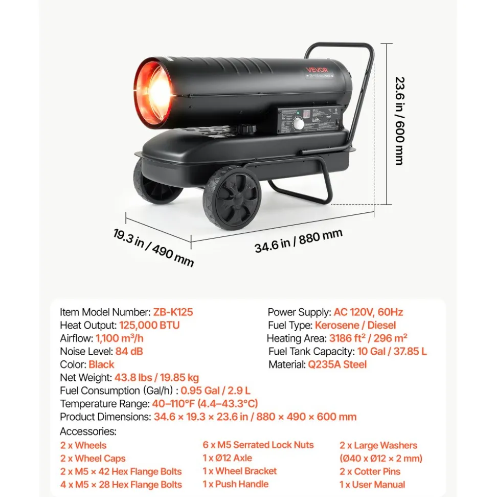 VEVOR Forced Air Kerosene Heater, 125000 BTU Diesel Torpedo Space Heater, for Garage, Warehouse, Workshop, Job Site, Construction, Flexible Move with Wheels & Thermostat Control, Carbon Steel, Black