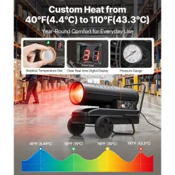 VEVOR Forced Air Kerosene Heater, 125000 BTU Diesel Torpedo Space Heater, for Garage, Warehouse, Workshop, Job Site, Construction, Flexible Move with Wheels & Thermostat Control, Carbon Steel, Black