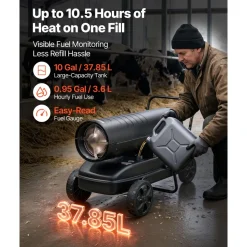 VEVOR Forced Air Kerosene Heater, 125000 BTU Diesel Torpedo Space Heater, for Garage, Warehouse, Workshop, Job Site, Construction, Flexible Move with Wheels & Thermostat Control, Carbon Steel, Black