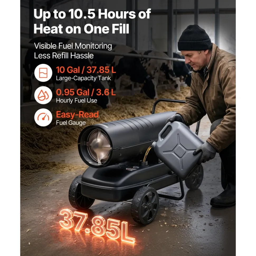 VEVOR Forced Air Kerosene Heater, 125000 BTU Diesel Torpedo Space Heater, for Garage, Warehouse, Workshop, Job Site, Construction, Flexible Move with Wheels & Thermostat Control, Carbon Steel, Black
