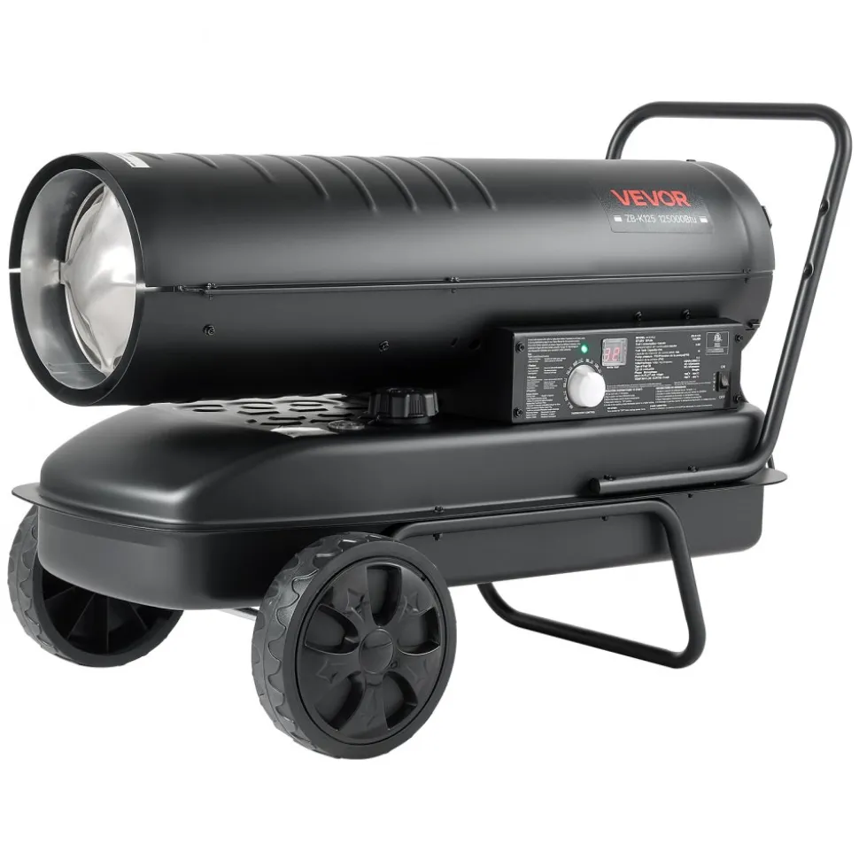 VEVOR Forced Air Kerosene Heater, 125000 BTU Diesel Torpedo Space Heater, for Garage, Warehouse, Workshop, Job Site, Construction, Flexible Move with Wheels & Thermostat Control, Carbon Steel, Black