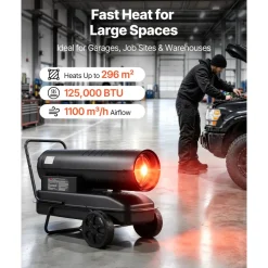 VEVOR Forced Air Kerosene Heater, 125000 BTU Diesel Torpedo Space Heater, for Garage, Warehouse, Workshop, Job Site, Construction, Flexible Move with Wheels & Thermostat Control, Carbon Steel, Black