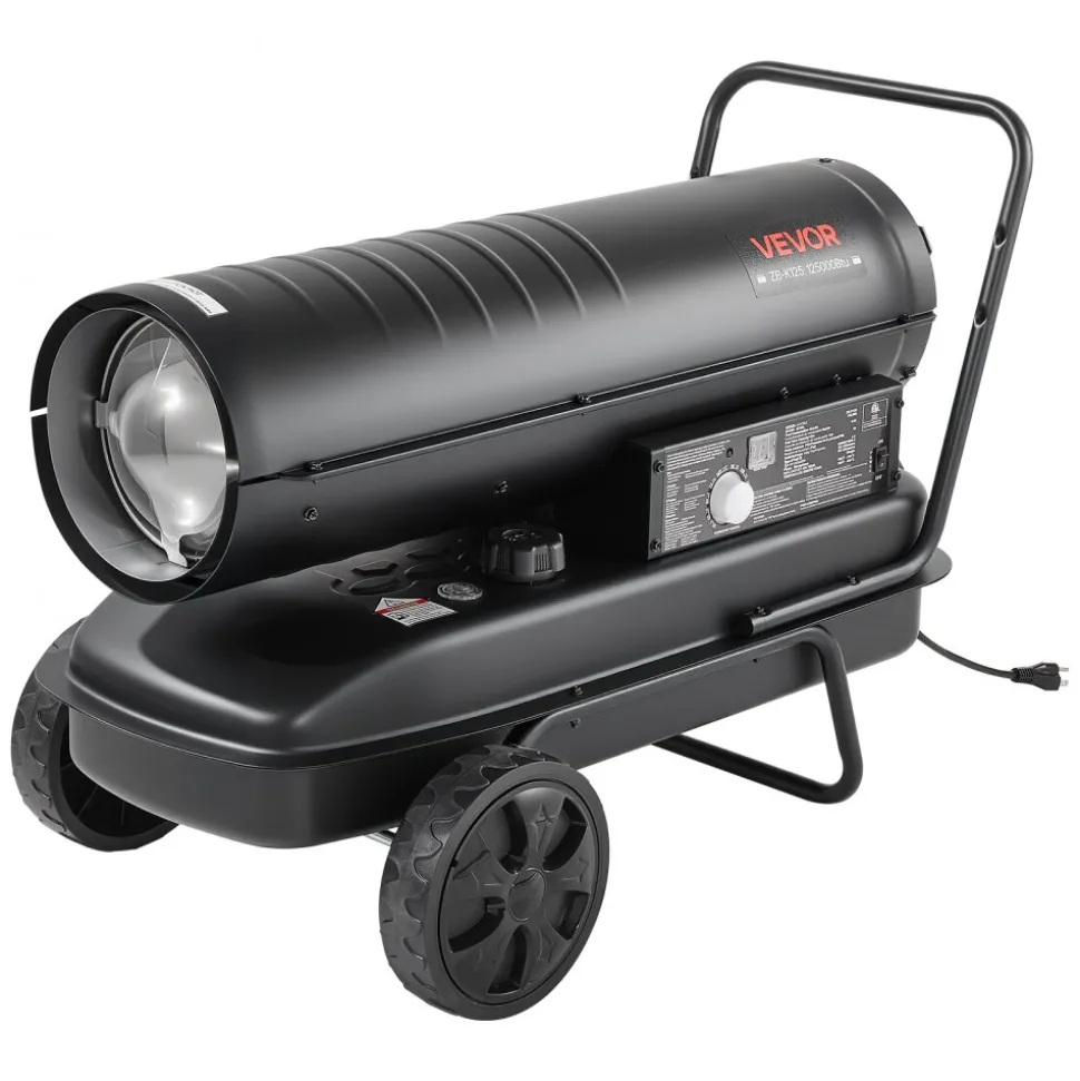 VEVOR Forced Air Kerosene Heater, 125000 BTU Diesel Torpedo Space Heater, for Garage, Warehouse, Workshop, Job Site, Construction, Flexible Move with Wheels & Thermostat Control, Carbon Steel, Black