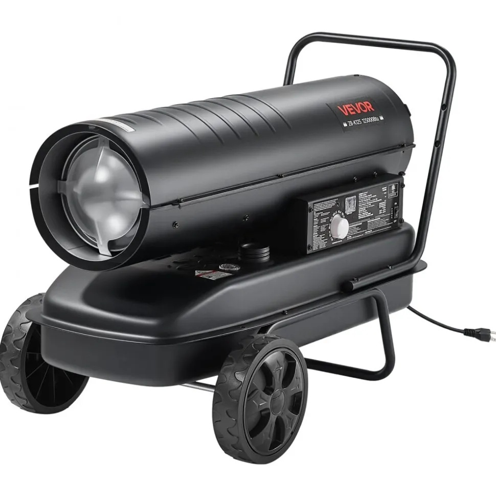 VEVOR Forced Air Kerosene Heater, 125000 BTU Diesel Torpedo Space Heater, for Garage, Warehouse, Workshop, Job Site, Construction, Flexible Move with Wheels & Thermostat Control, Carbon Steel, Black