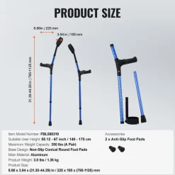 VEVOR Forearm Crutches for Adults, 11-Level Height Adjustable Walking Crutches with 4-Level Upper Cuff, Lightweight Aluminum Medical Support Crutches for Leg Injury Surgery Disabled, 1 Pair (350LBS)