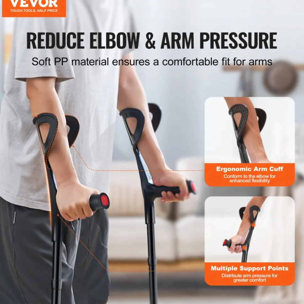 VEVOR Forearm Crutches for Adults, Folding Walking Forearm Crutches with 10-Level Adjustable Height, Lightweight Aluminum Medical Crutches with Open Cuff for Leg Injury Surgery Disabled, 1 Pair 350LBS