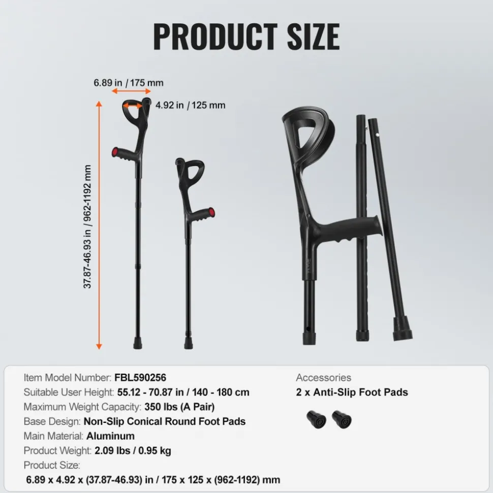 VEVOR Forearm Crutches for Adults, Folding Walking Forearm Crutches with 10-Level Adjustable Height, Lightweight Aluminum Medical Crutches with Open Cuff for Leg Injury Surgery Disabled, 1 Pair 350LBS