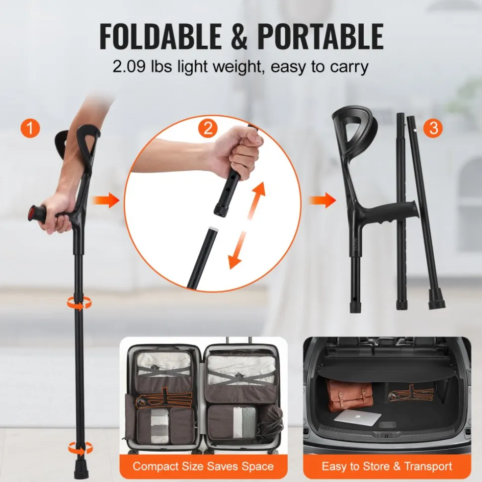 VEVOR Forearm Crutches for Adults, Folding Walking Forearm Crutches with 10-Level Adjustable Height, Lightweight Aluminum Medical Crutches with Open Cuff for Leg Injury Surgery Disabled, 1 Pair 350LBS