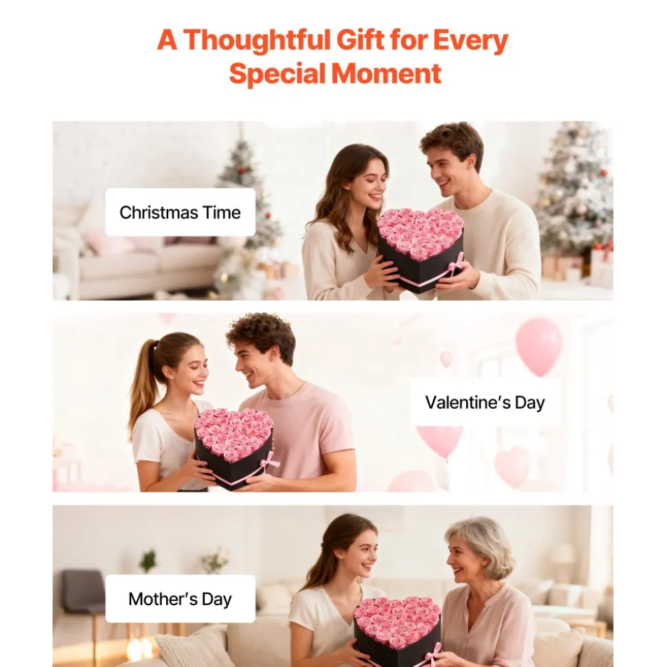 VEVOR Forever Flowers, 27 Preserved Roses in a Heart Shape Box, Eternal Flowers Immortal Bouquet Birthday Present for Women Her Wife Mothers, Anniversary, Valentine's Day,Christmas, Pink