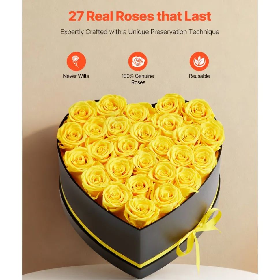 VEVOR Forever Flowers, 27 Preserved Roses in a Heart Shape Box, Eternal Flowers Immortal Bouquet Birthday Present for Women Her Wife Mothers, Anniversary, Valentine's Day,Christmas, Yellow