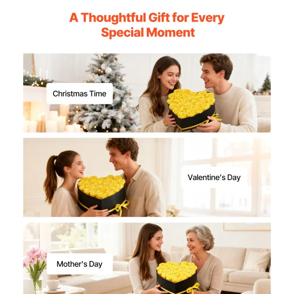 VEVOR Forever Flowers, 27 Preserved Roses in a Heart Shape Box, Eternal Flowers Immortal Bouquet Birthday Present for Women Her Wife Mothers, Anniversary, Valentine's Day,Christmas, Yellow