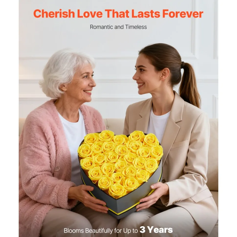 VEVOR Forever Flowers, 27 Preserved Roses in a Heart Shape Box, Eternal Flowers Immortal Bouquet Birthday Present for Women Her Wife Mothers, Anniversary, Valentine's Day,Christmas, Yellow