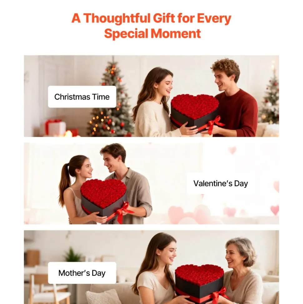 VEVOR Forever Flowers, 100 Preserved Roses in a Heart Shape Box, Eternal Flowers Immortal Bouquet Birthday Present for Women Her Wife Mothers, Anniversary, Valentine's Day,Christmas, Red