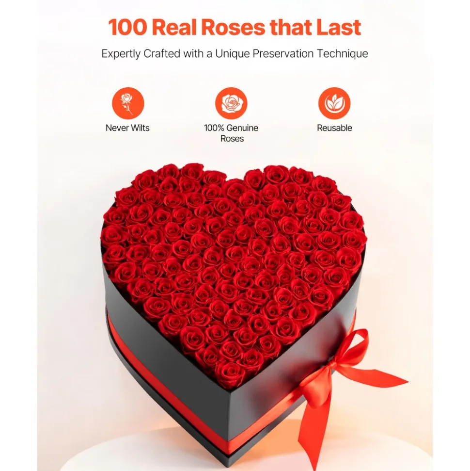 VEVOR Forever Flowers, 100 Preserved Roses in a Heart Shape Box, Eternal Flowers Immortal Bouquet Birthday Present for Women Her Wife Mothers, Anniversary, Valentine's Day,Christmas, Red