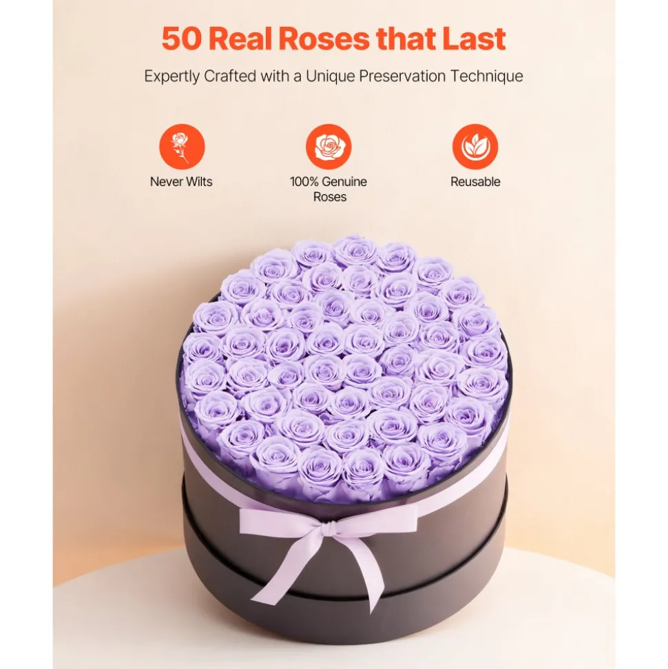 VEVOR Forever Flowers, 50 Preserved Roses in a Box, Eternal Flowers Immortal Bouquet Birthday Present for Women Her Wife Mothers, Anniversary, Valentine's Day,Christmas, Lavender Purple